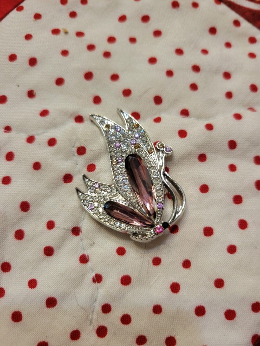Silver Tone Butterfly Brooch Pin Purple Marquise Crystal Rhinestone Pavé Setting